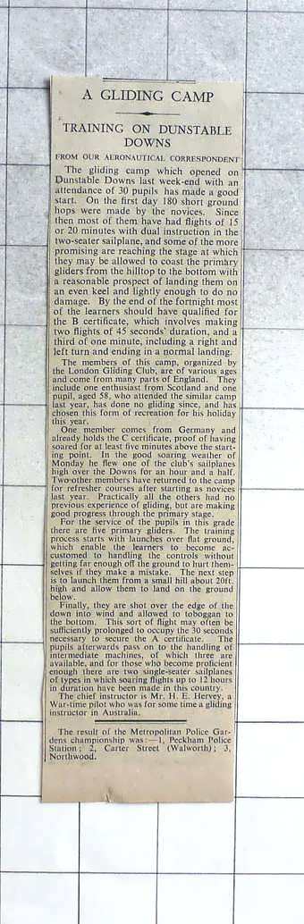 1936 newspaper article about gliding camp